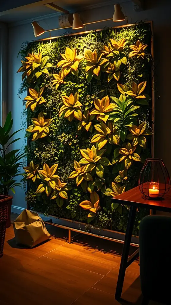 25 Stunning Floral Indoor Plant Wall Ideas for Your Home 6 An indoor plant wall illuminated with warm lights, showcasing vibrant greenery and a cozy ambiance.