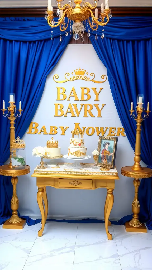 25 Creative Baby Shower Themes for September Celebrations 6 Baby shower decoration with royal theme, featuring blue drapes, a golden table with a cake, and elegant decor.