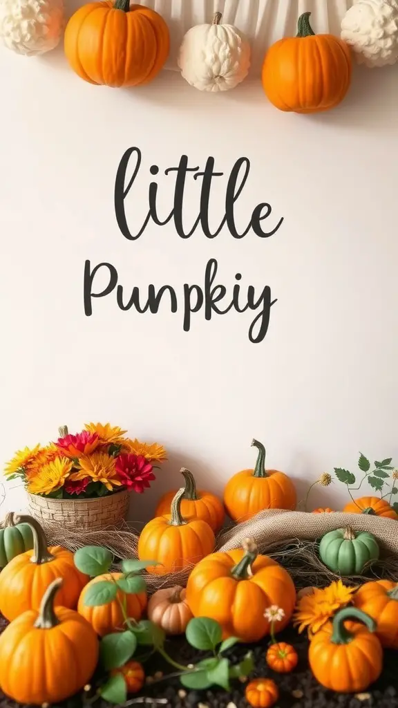 A display featuring pumpkins and flowers with a sign that says 'little Punpkiy'.