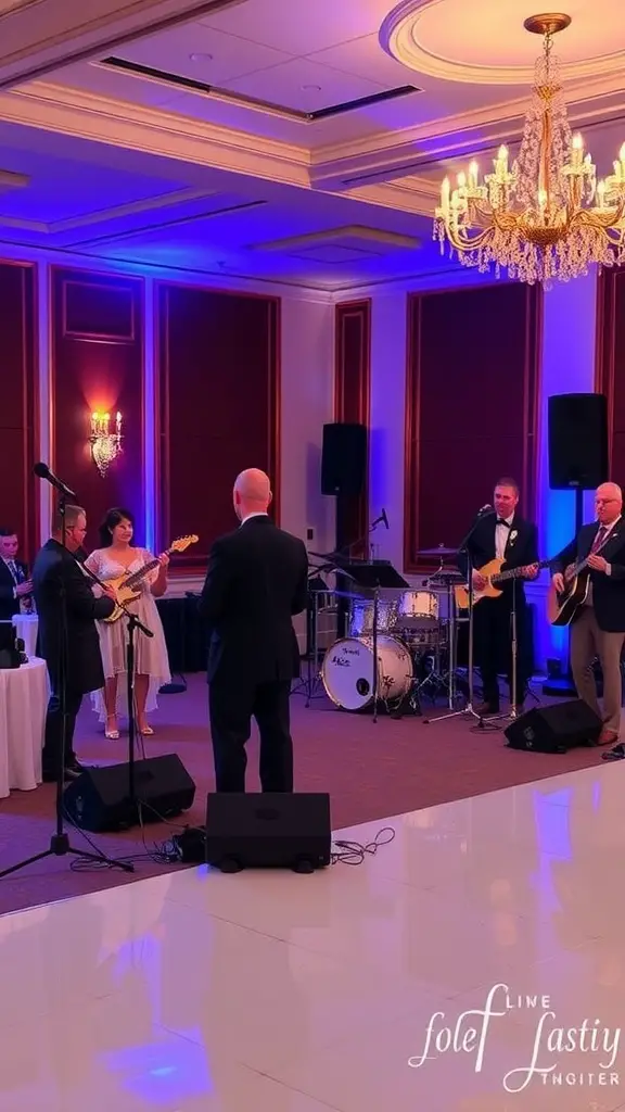 21 Stunning Indoor Wedding Ideas You've Got to See 17 A live band performing at a wedding with musicians on stage and elegant venue decor