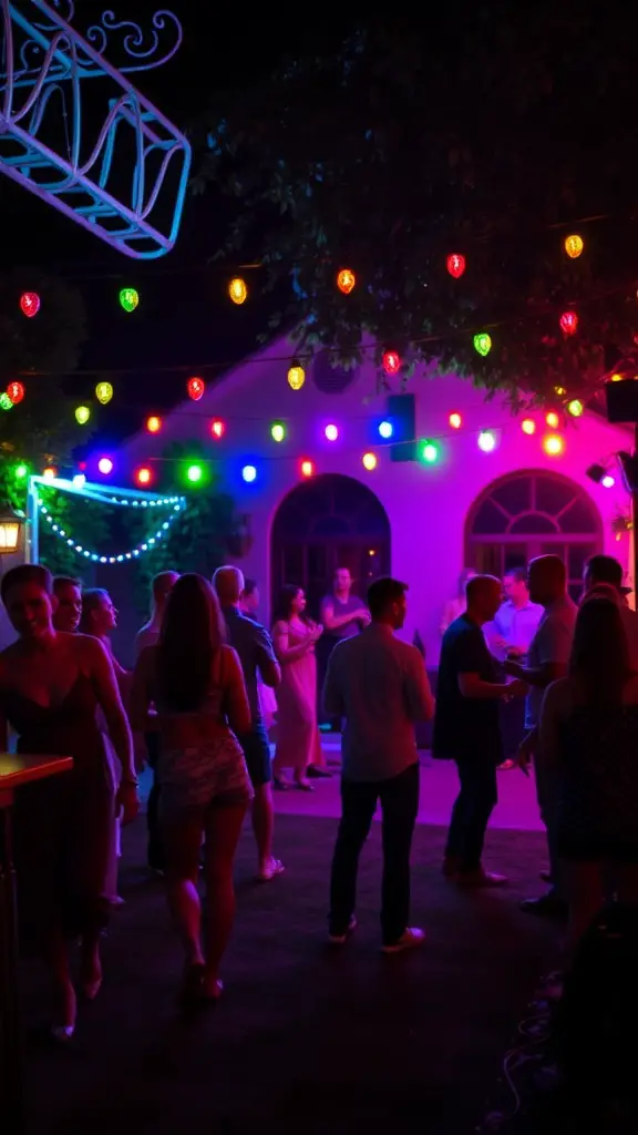 A lively backyard party with colorful lights and people dancing to music.