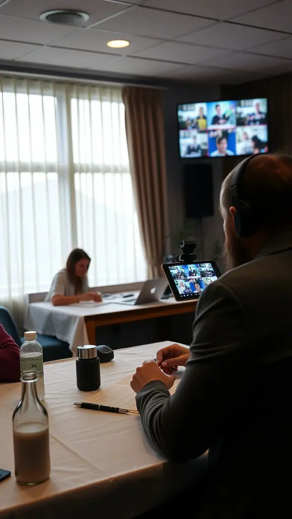 A person setting up for a live streaming event, displaying multiple screens with remote guests, while another attendee works at a table.