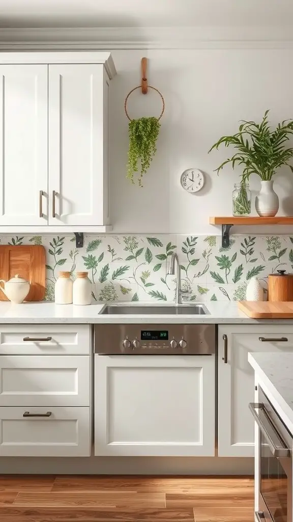 21 Stunning Backsplash Ideas for Your Dream Kitchen 17 A kitchen with white cabinets and a lively botanical print backsplash featuring green leaves.