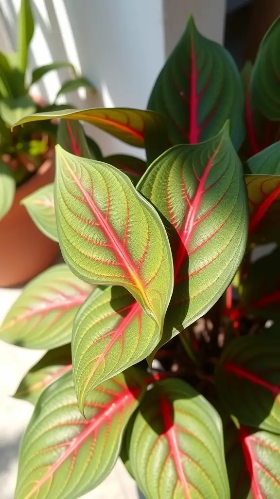 19 Colorful Plant Ideas to Brighten Your Space 7 Close-up of Maranta plant leaves showing vibrant green and red patterns.