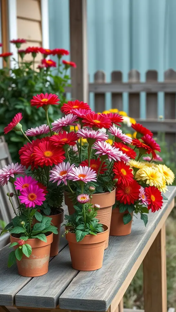 23 Stunning Fall Flower Garden Ideas to Transform Your Outdoor Space 17 An array of colorful potted mums in red, pink, and yellow on a wooden table.