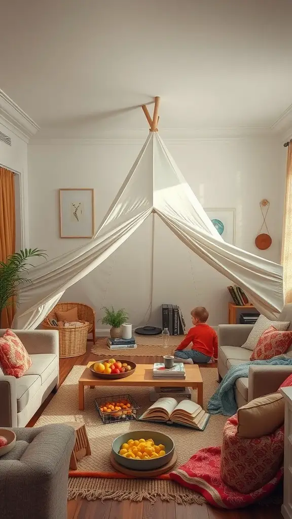 21 Creative Indoor Fort Ideas for Kids 7 A child sitting inside a fabric tent in a living room, surrounded by cozy furniture and colorful fruit bowls.