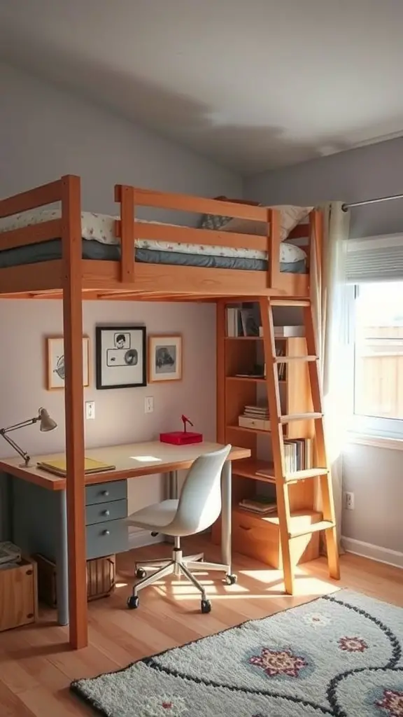 A cozy lofted bed design with a desk and bookshelf underneath, ideal for small spaces.