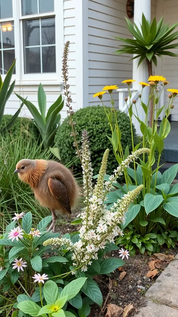 19 Stunning Small Front Yard Landscaping Ideas 2 A front yard with native plants including yellow flowers, green foliage, and a small bird.