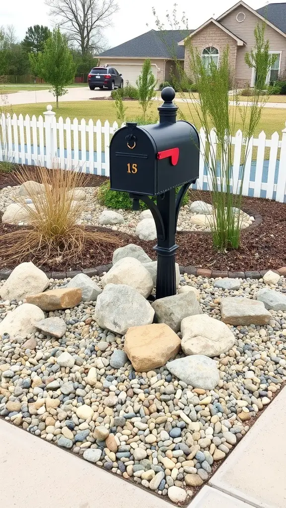 17 Creative Mailbox Landscaping Ideas You’ll Love 4 A black mailbox surrounded by a rock garden with various stones and ornamental grass