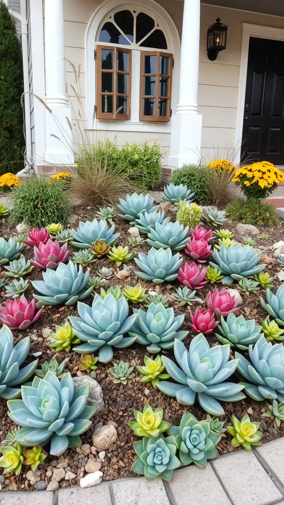 Colorful succulent garden with various shapes and sizes of succulents.