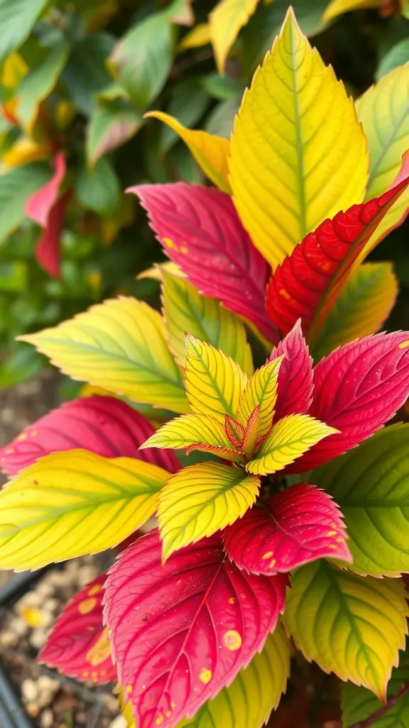 19 Colorful Plant Ideas to Brighten Your Space 12 A vibrant Croton plant with multicolored leaves in yellow, green, and red