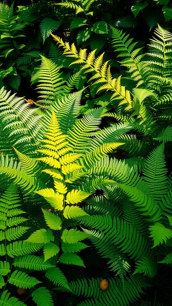 Close-up of lush green ferns with a mix of yellow leaves in a shaded area.