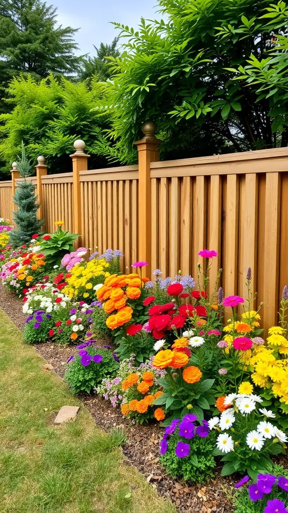 17 Creative Landscaping Ideas for Your Fence Area 6 Colorful flower beds along a wooden fence, featuring vibrant blooms like marigolds and petunias.