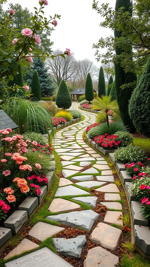 19 Stunning Large Backyard Layout Ideas to Transform Your Outdoor Space 7 A winding stone pathway surrounded by colorful flowers and greenery in a lush garden.