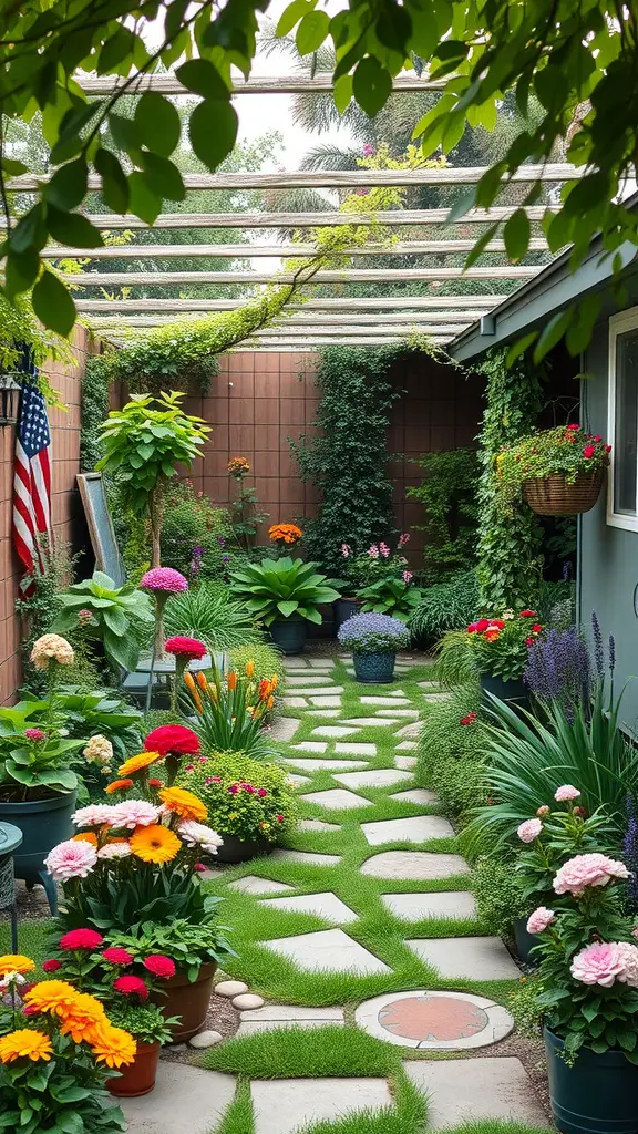 21 Stunning Ideas to Create Your Backyard Oasis 4 A vibrant garden path surrounded by colorful flowers and greenery.