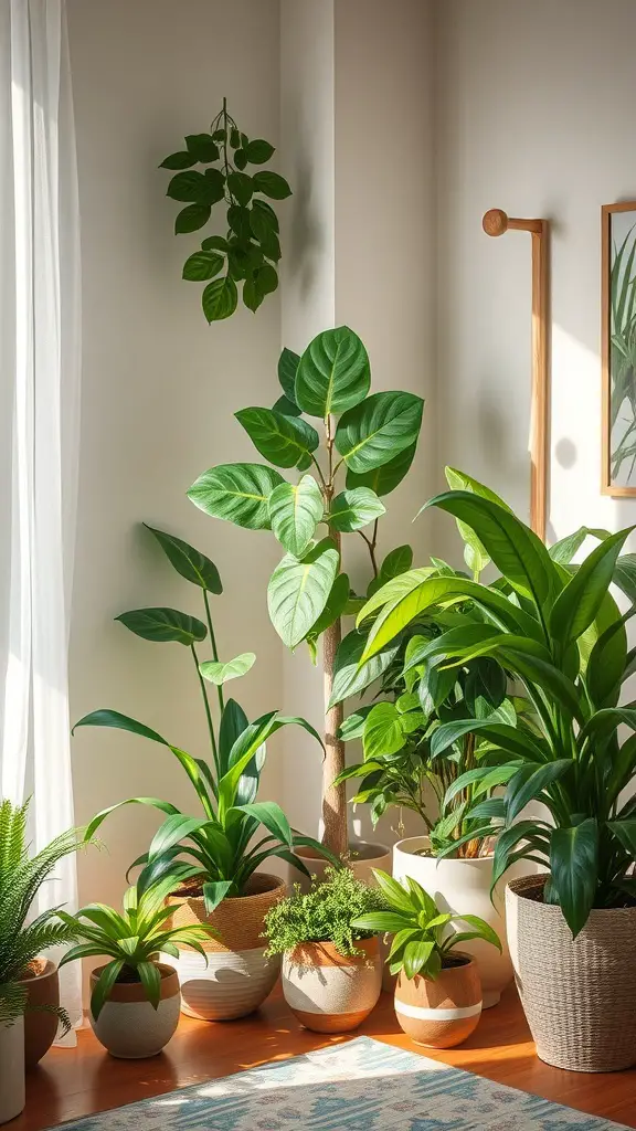 Indoor plants arranged in a cozy corner, featuring various types in different pots, illuminated by natural light.