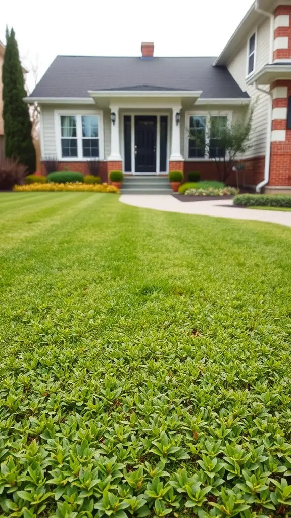 17 Stunning Modern Front Yard Landscape Designs You Need to See 13 A front yard featuring a lush carpet of low-growing green plants, creating a vibrant landscape.
