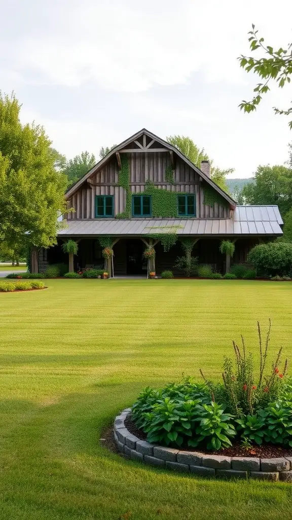 A scenic barndominium surrounded by lush greenery and well-maintained landscaping.