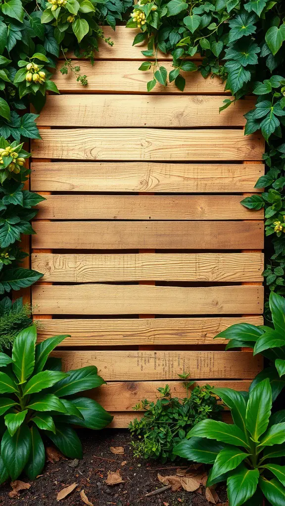 Backdrop featuring wooden slats surrounded by lush green plants and flowers