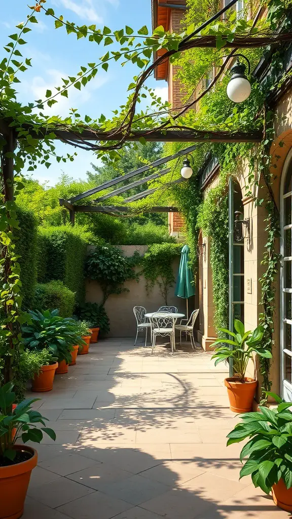 23 Charming French Patio Ideas to Transform Your Outdoor Space 10 A patio with climbing vines and potted plants, featuring a table and chairs.