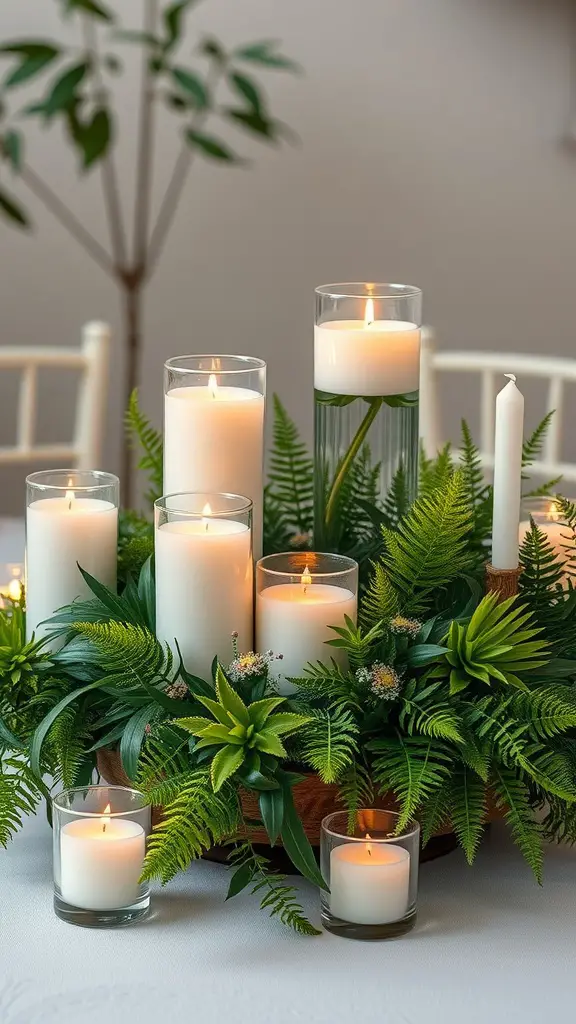 Wedding centerpiece with floating candles surrounded by lush greenery.