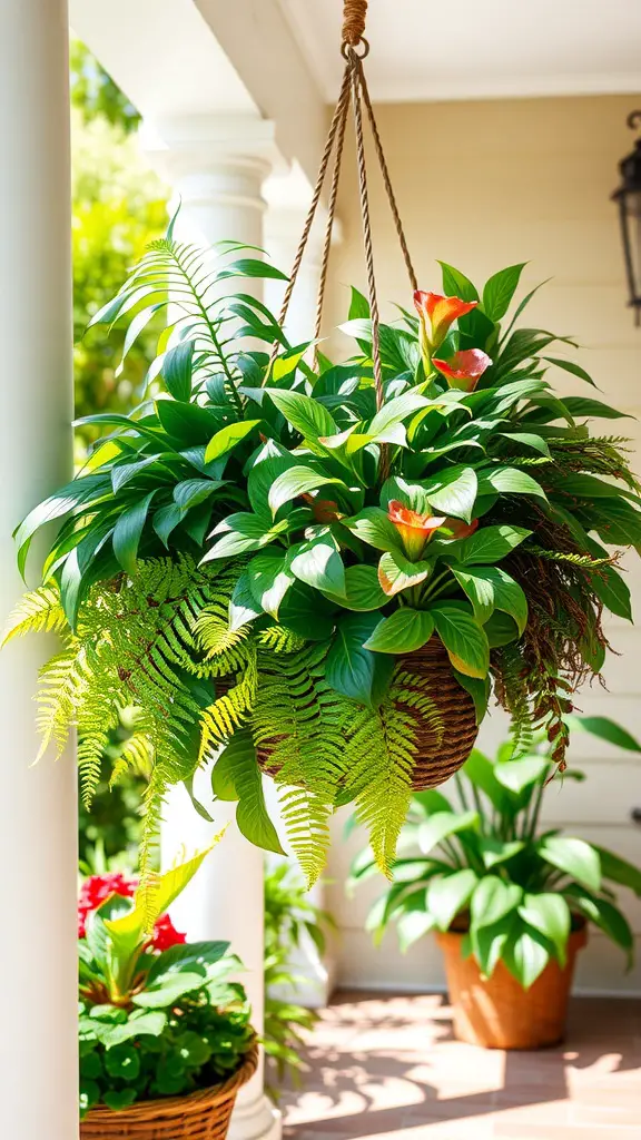 A vibrant hanging basket filled with tropical plants, including ferns and colorful flowers, on a porch.