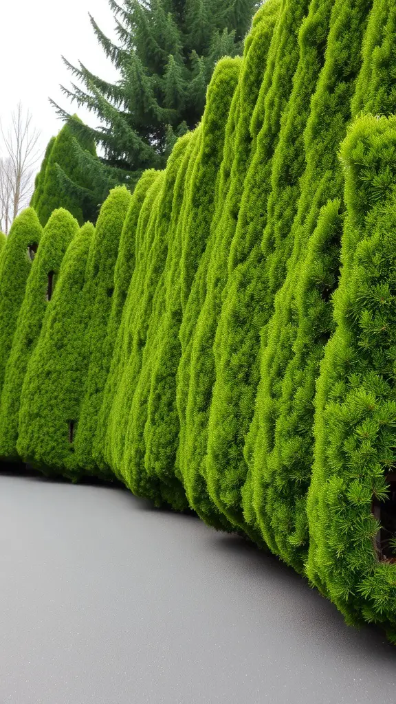 21 Stunning Long Driveway Landscaping Ideas You’ll Love 9 A row of lush green hedges along a driveway, providing privacy