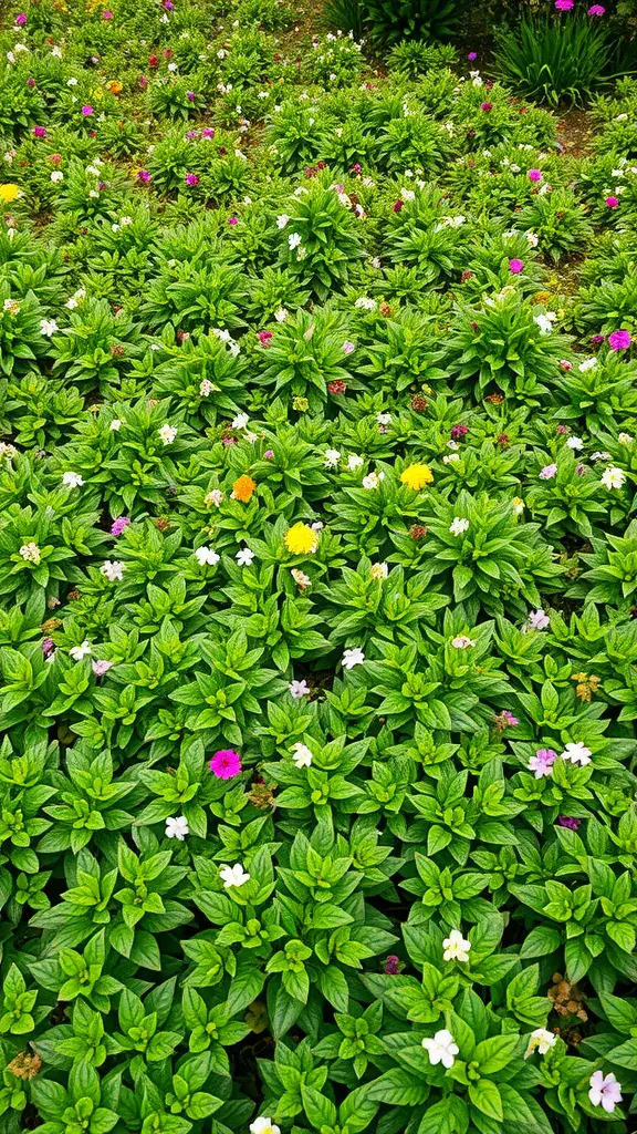 A vibrant garden filled with lush ground cover plants and colorful flowers