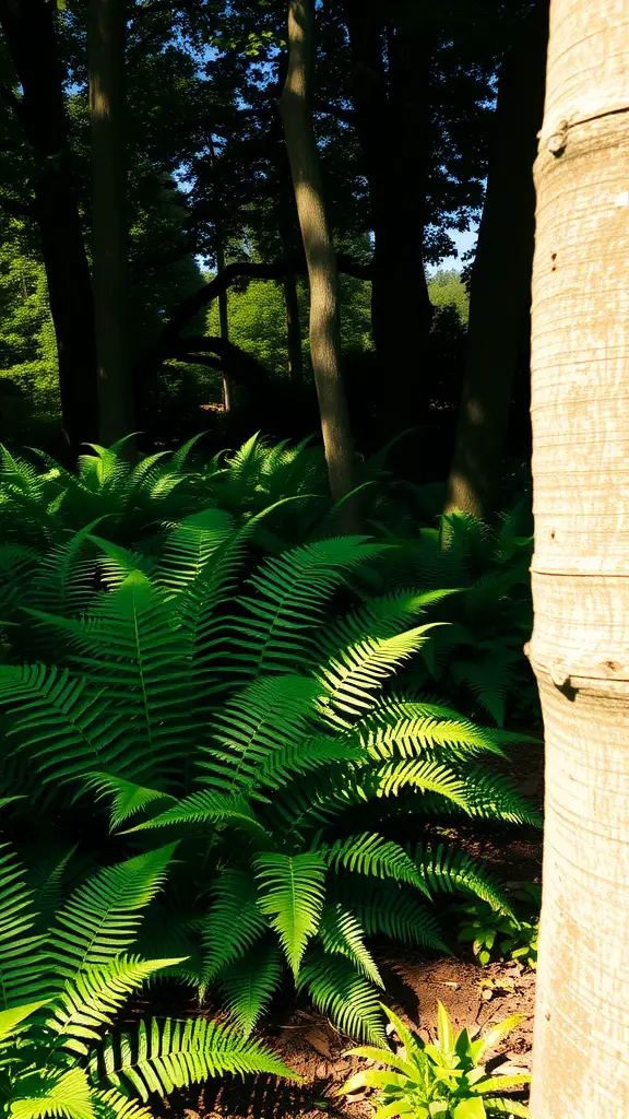 15 Creative Fern Garden Ideas for a Lush Outdoor Retreat 7 A dense growth of green ferns in a shaded area, with trees in the background.