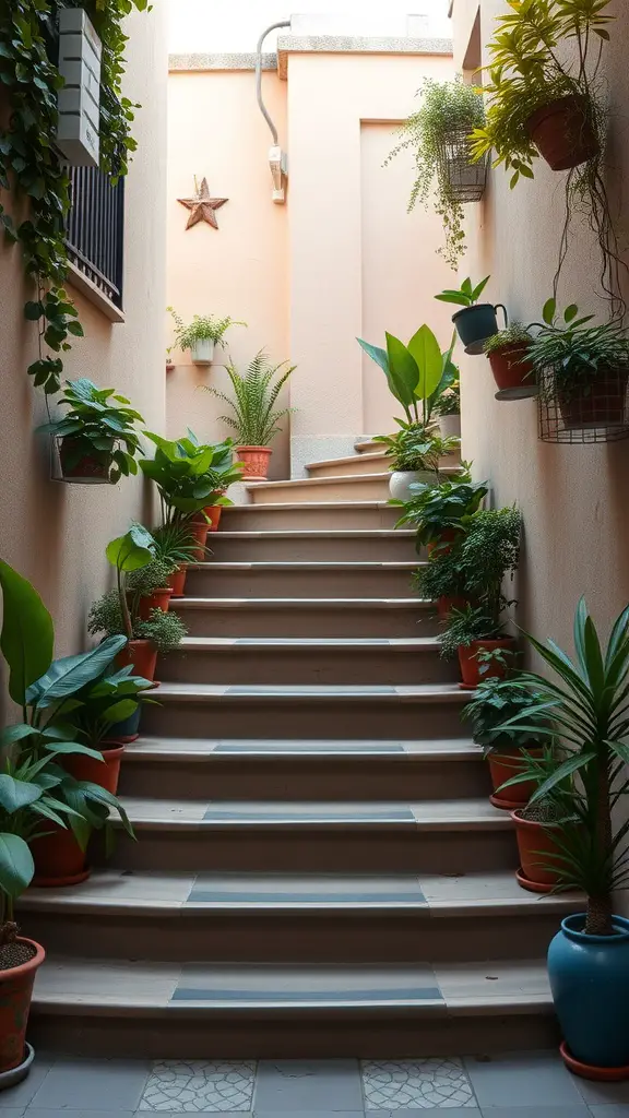 A staircase adorned with various potted plants, showcasing a blend of greenery and warm tones.