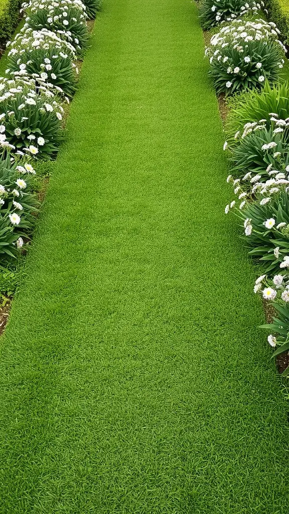 21 Stunning Pathway Landscaping Ideas to Enhance Your Outdoor Space 9 A green turf path bordered by white flowers