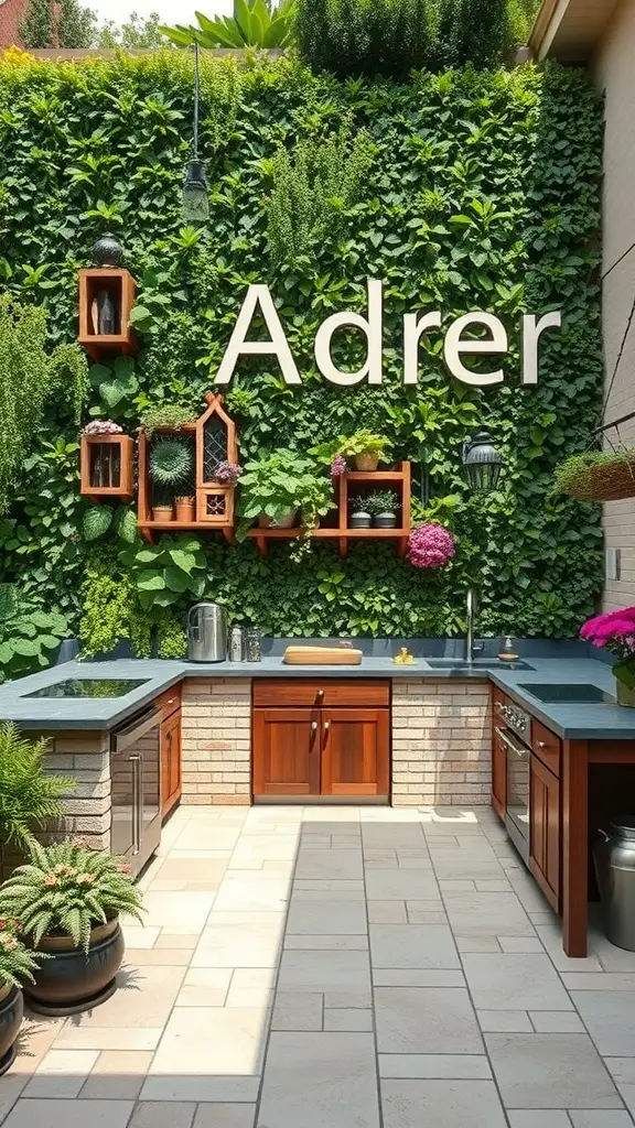 25 Stunning Outdoor Kitchen Patio Ideas You’ll Love 7 Outdoor kitchen with a lush vertical garden backdrop featuring various plants and wooden shelves.