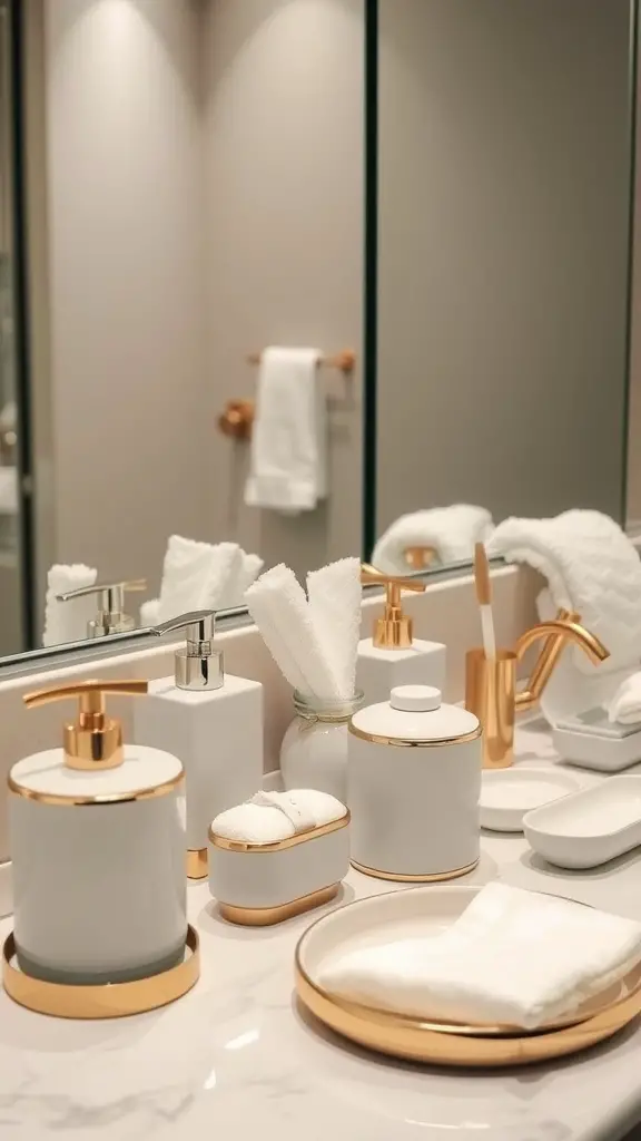 Elegant bathroom countertop featuring white and gold bath accessories, soft towels, and a stylish sink.