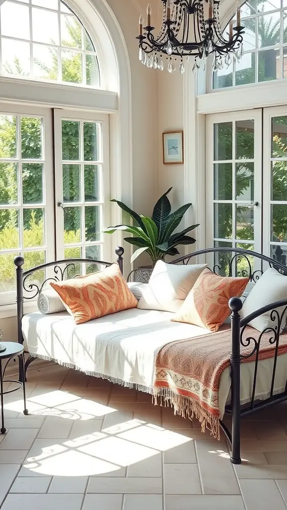 A beautifully styled sunroom featuring a luxurious daybed with colorful pillows, a warm throw, and natural light from large windows.
