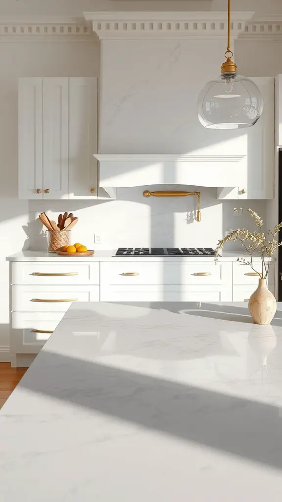 21 Stunning Luxury Kitchen Design Ideas for Your Dream Home 9 A bright kitchen with white cabinets and a luxurious marble countertop, featuring golden hardware and a modern design.
