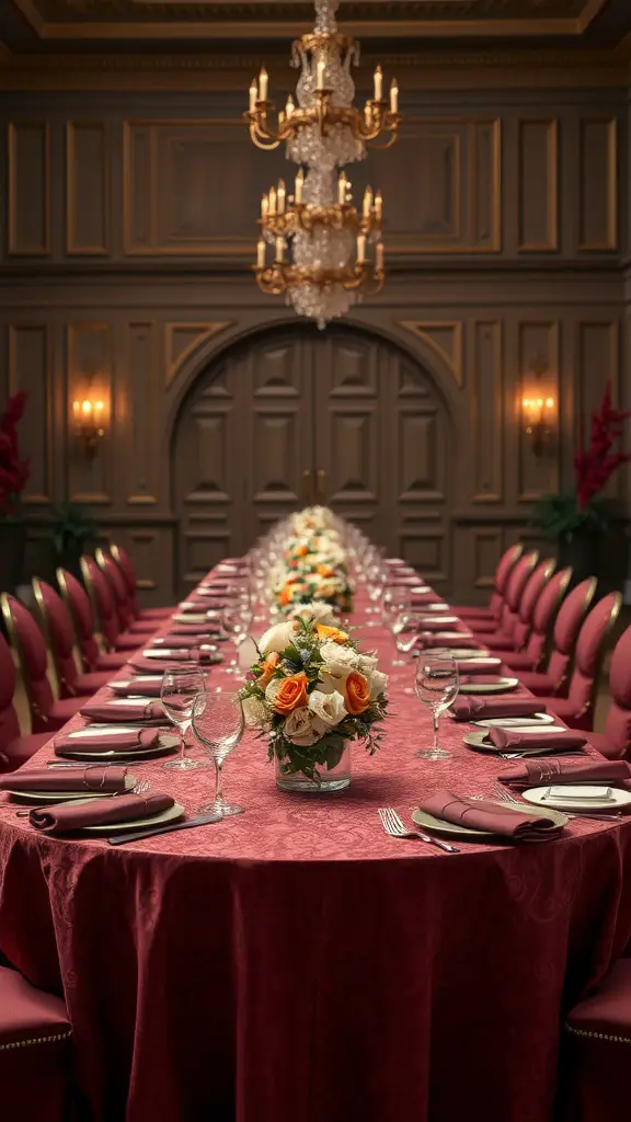 23 Stunning Banquet Decoration Ideas for Your Next Event 9 A beautifully set banquet table with burgundy table linens, elegant glassware, and floral centerpieces.