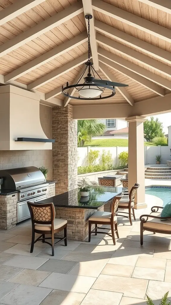 19 Stunning Covered Outdoor Kitchen Design Ideas You’ll Love 7 An elegant covered outdoor kitchen featuring a grill, granite countertop, and comfortable seating area.