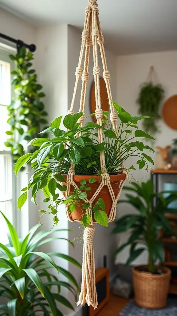 A macramé plant hanger with a green plant in a terracotta pot, hanging in a bright room