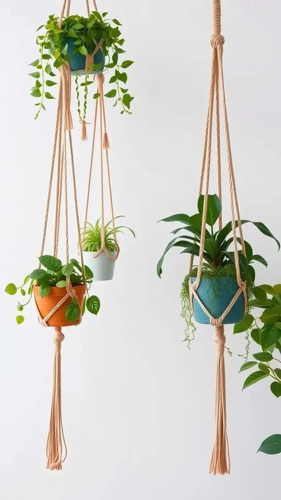 17 Creative Hanging Garden Ideas to Enhance Your Space 2 Image of colorful macrame plant hangers with various plants.