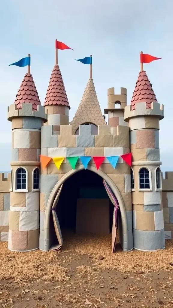 13 Creative Fort Ideas for Endless Indoor Fun 2 A colorful fabric castle fort with turrets and flags, designed for children's play.