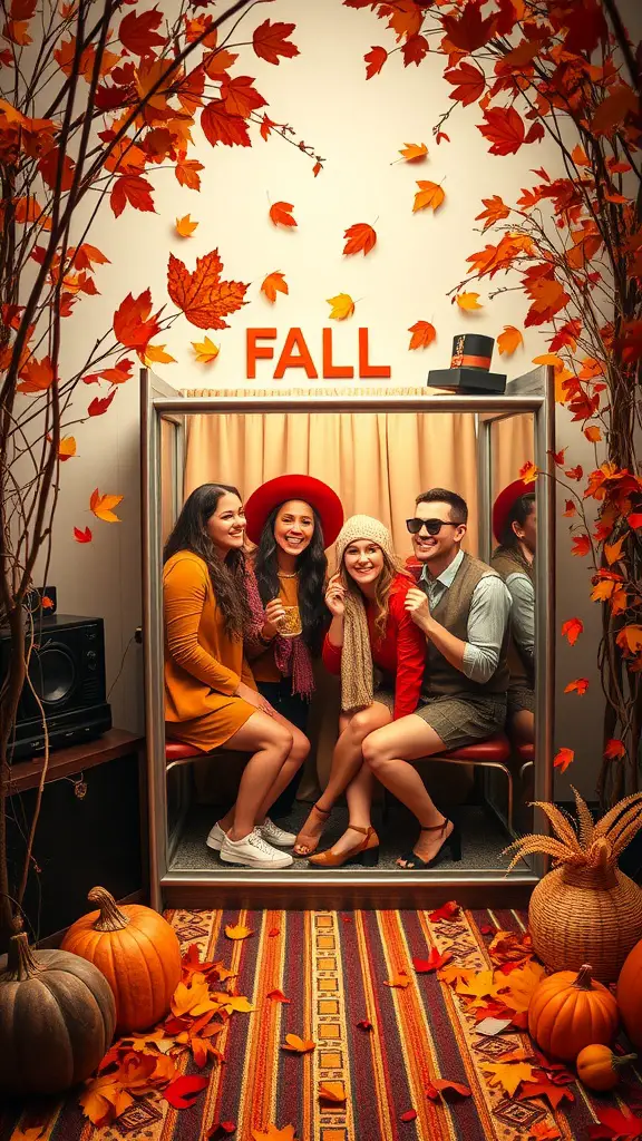 A colorful photo booth backdrop with fall leaves and decorations, featuring friends posing happily.