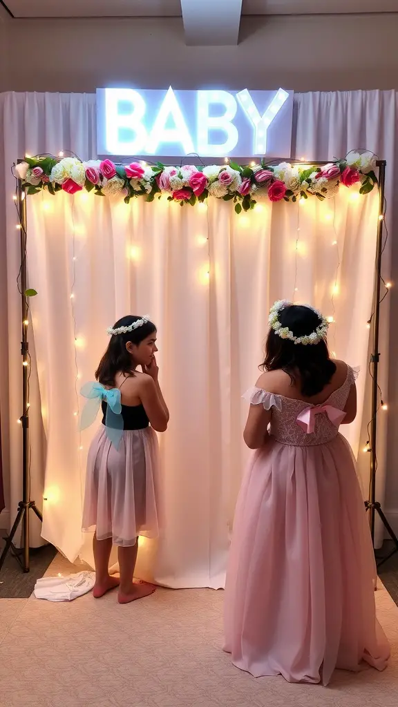 A magical photo booth setup at a baby shower, featuring a sign that says 'BABY', floral decorations, and two girls in pastel dresses.