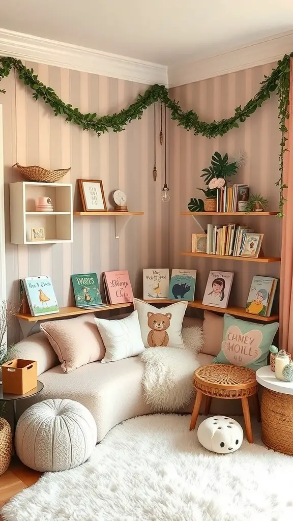 Cozy storytime corner with soft seating, books, and greenery