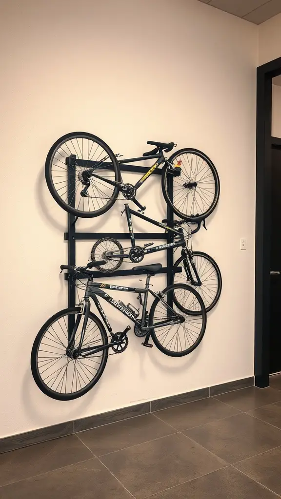 21 Creative Bike Storage Ideas for Small Spaces 8 A wall-mounted magnetic bike storage system with three bikes neatly arranged.