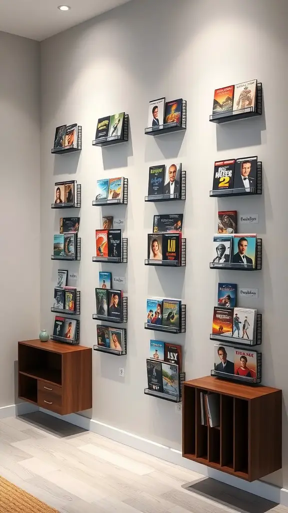 21 Creative DVD Storage Solutions for an Organized Home 11 Magnetic DVD storage solution with wall-mounted magnetic shelves displaying various DVD covers.