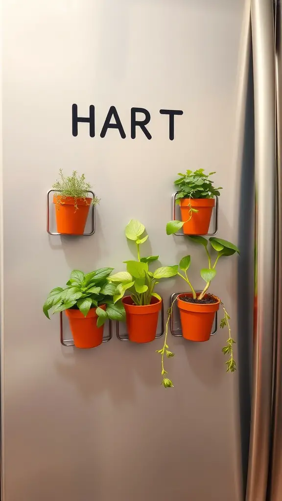 23 Creative Indoor Herb Garden Ideas to Freshen Up Your Space 2 Magnetic herb garden with small orange pots attached to a fridge, featuring various herbs.
