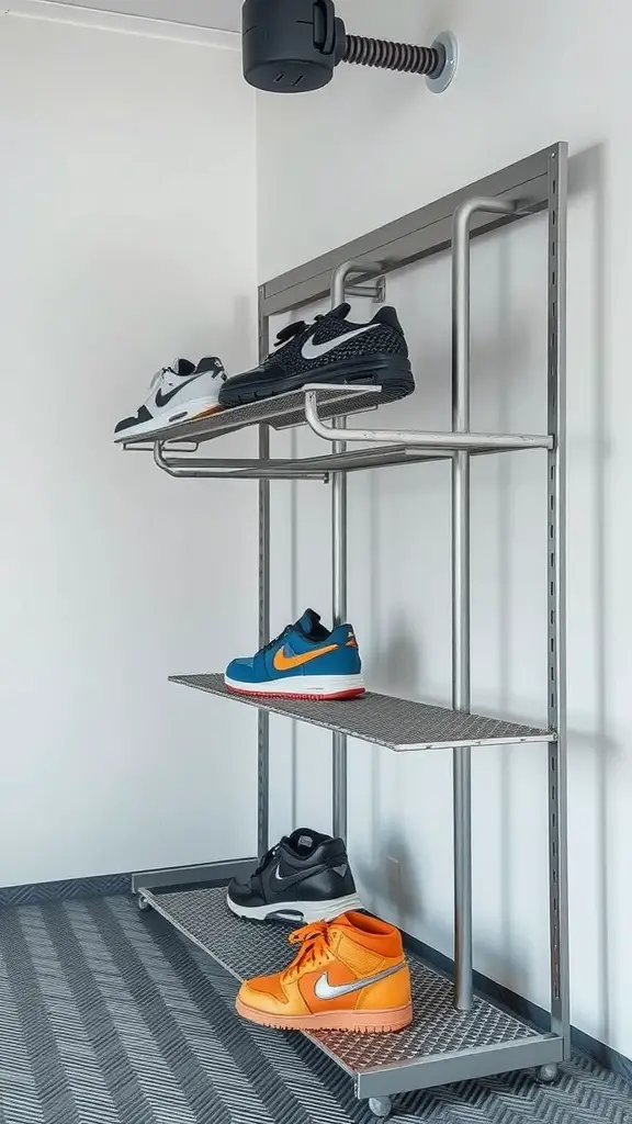 Metal shoe rack with various colorful sneakers on display