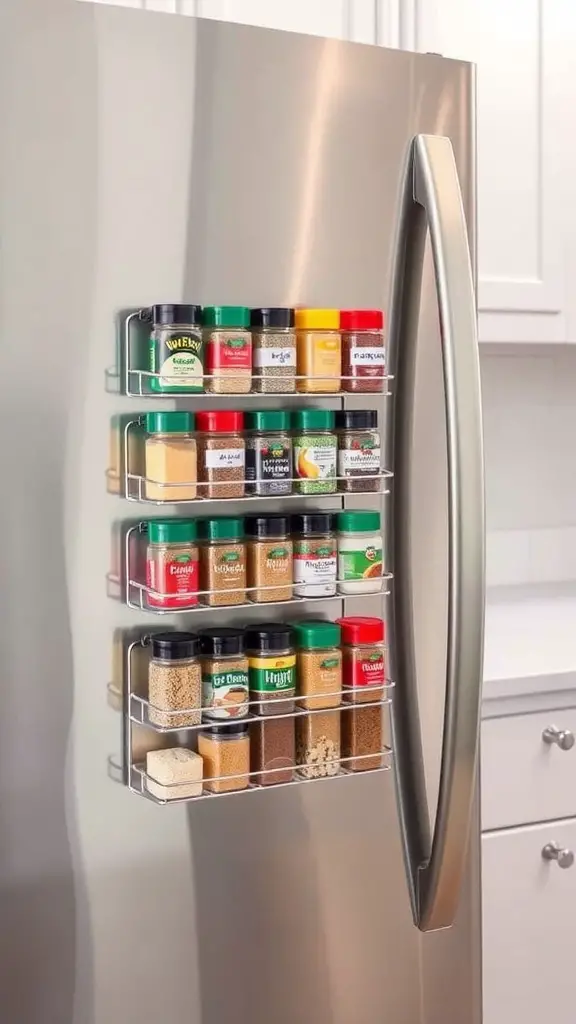 17 Genius Storage Solutions for Small Kitchens 10 A magnetic spice rack attached to a refrigerator, displaying various spice jars.