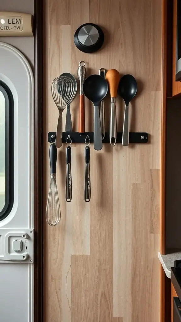 Magnetic strips used to hold kitchen utensils on a wall in an RV.