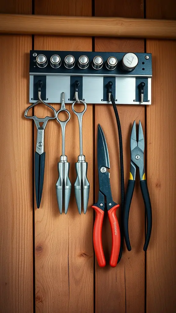 23 Genius Shed Organization Tips for Small Spaces 2 Magnetic strip with metal tools organized on a wooden wall.